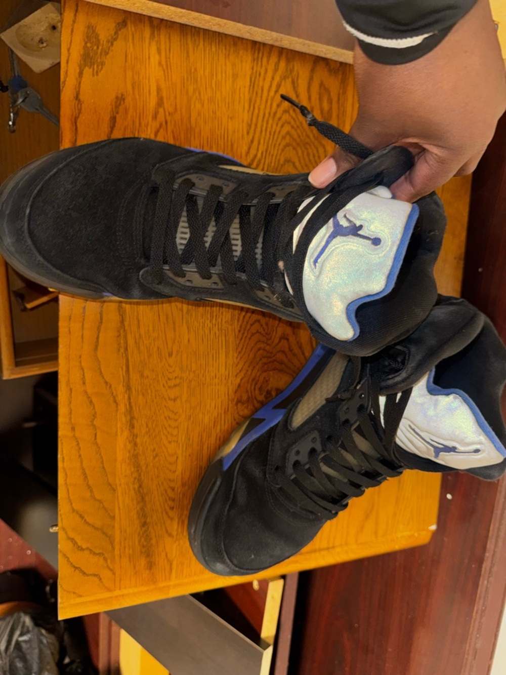 Jordan Black Sneakers with Purple Accent and Iridescent Tongue